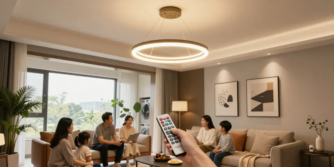 Lustra cu telecomanda modernă aduce o atmosferă caldă în living.