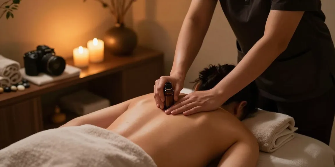 마사지 치료를 받는 고객과 편안한 분위기에서 전문 마사지사가 테라피를 진행하는 모습