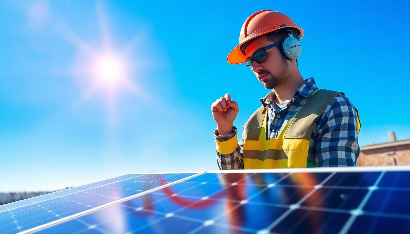 Performing solar maintenance Jersey City NJ with a technician examining solar panels on a rooftop.