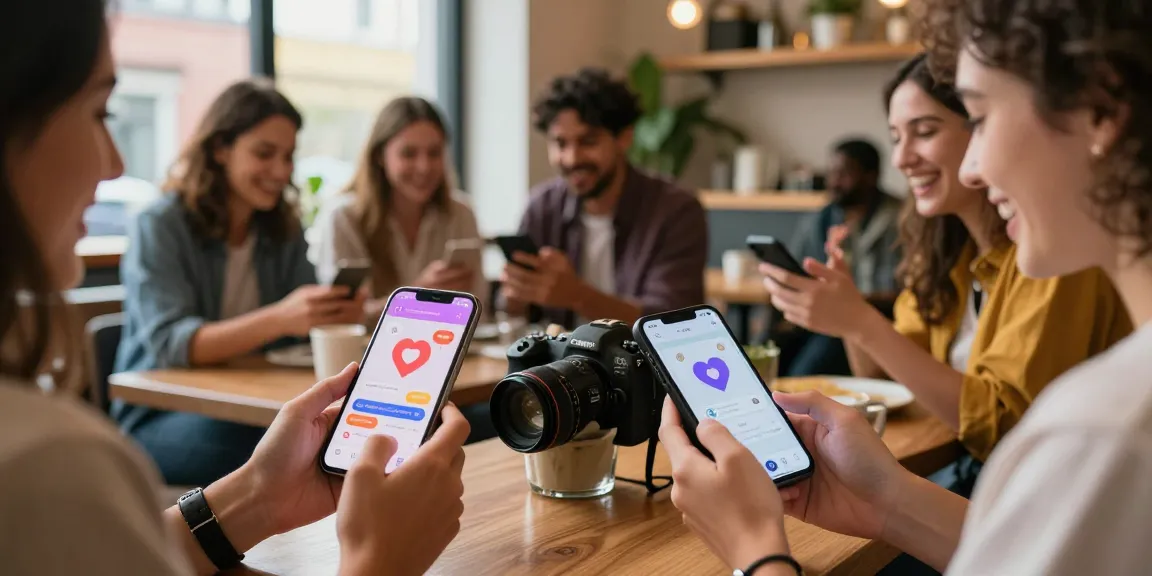 HundRoses app scene showing singles connecting in a vibrant coffee shop.