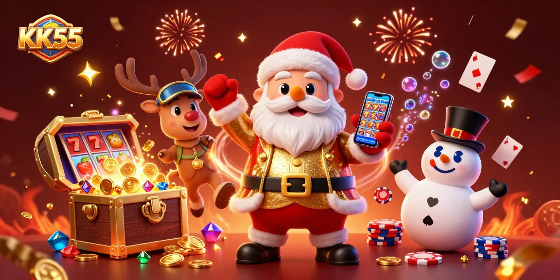 Join Santa Claus and friends at KK55 for jackpot slots excitement amid vibrant casino elements.