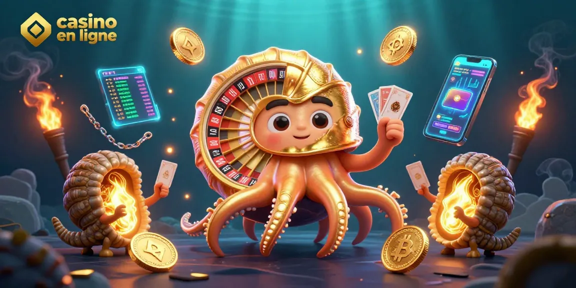 Incarnez l'univers du casino en ligne avec une illustration d'un Nautile géant entouré de crypto-monnaies en action.