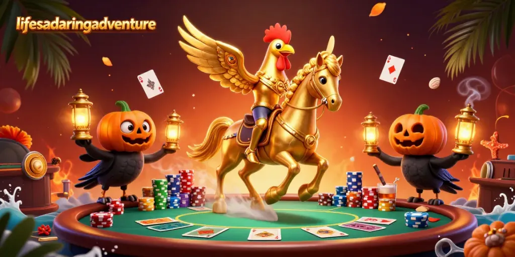 Bet on lifesadaringadventure with glowing golden rooster and poker chips in a vibrant casino scene.