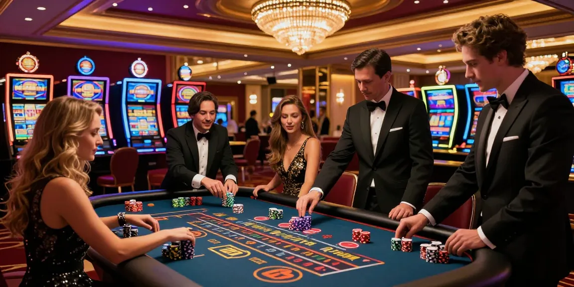 Permainan slot LUXURY777 di kasino mewah dengan suasana glamor dan interaksi pemain yang semarak.