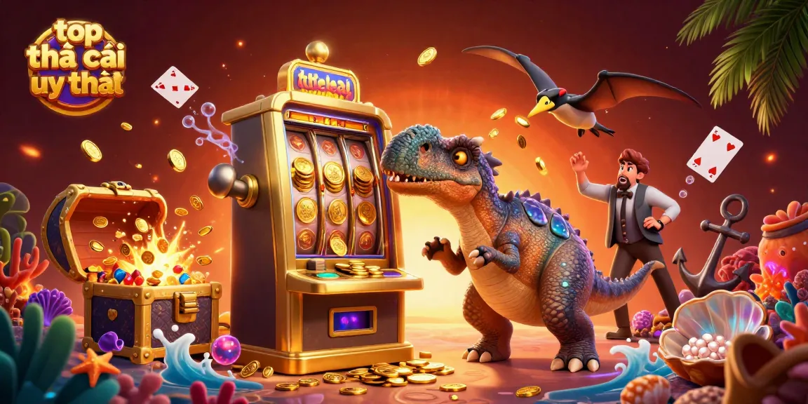 top nhà cái uy tín showcased with cartoon dinosaurs celebrating a jackpot win at an online casino