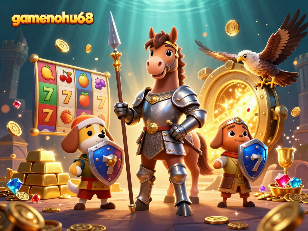 Engage with gamenohu68 through our vibrant 3D casino illustration featuring colorful slot reels and gold treasures.