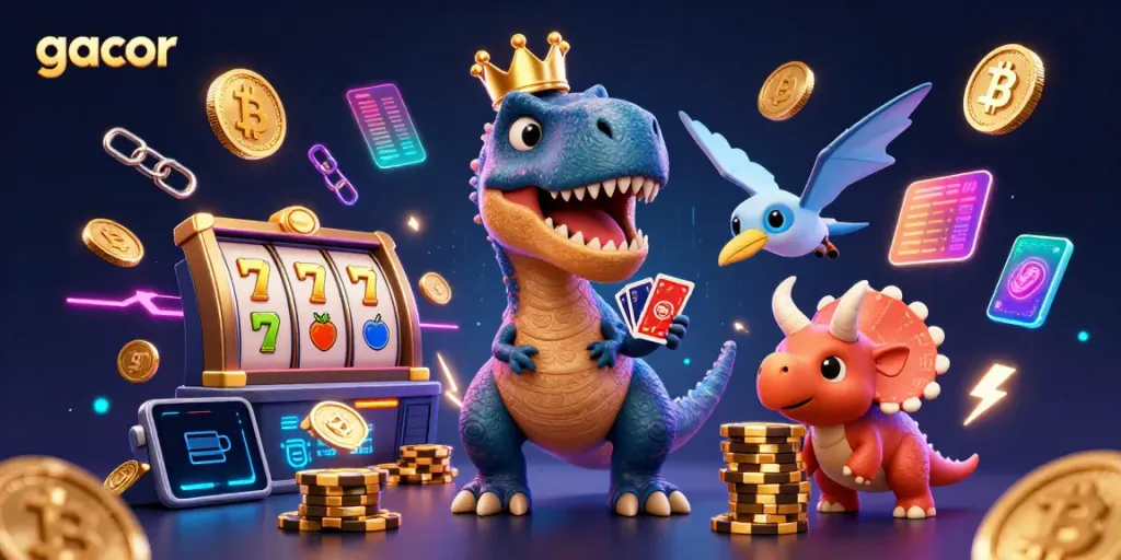Spin the reels and win big with gacor; a cartoon T-Rex, pterodactyl, and triceratops in a vibrant casino scene.