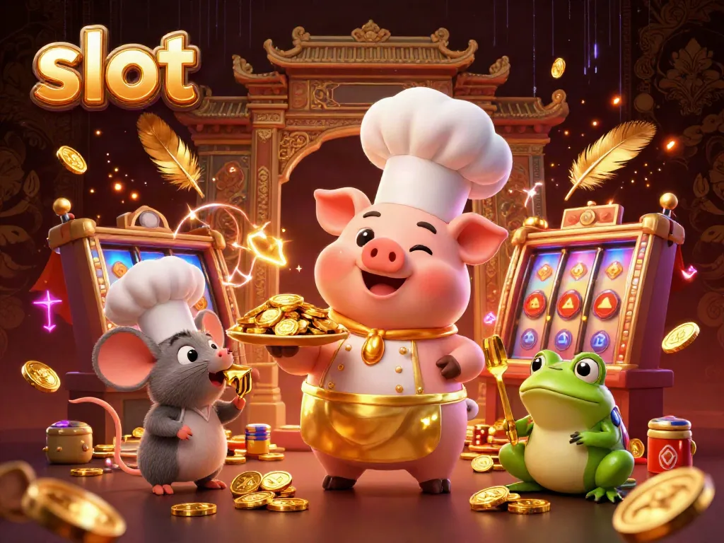Experience the thrill of slots with a chef pig, sous-chef mouse, and critic frog serving gold coins.