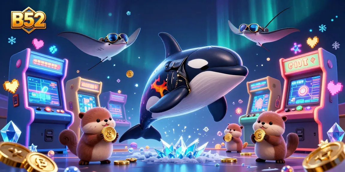 B52 showcases thrilling gaming adventures with orca, stingray, and otters in a vibrant casino setting.