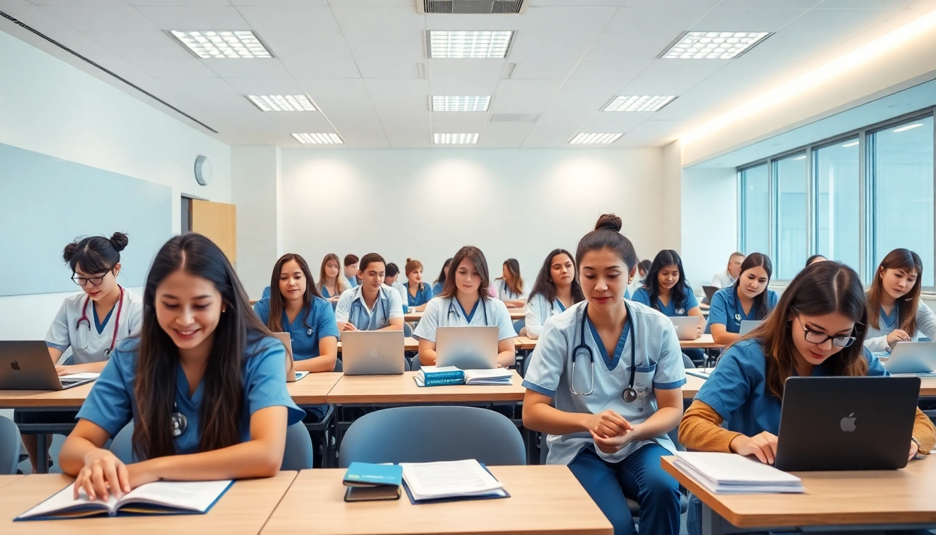 NCLEX review center Houston TX classroom scene with nursing students engaged in study.