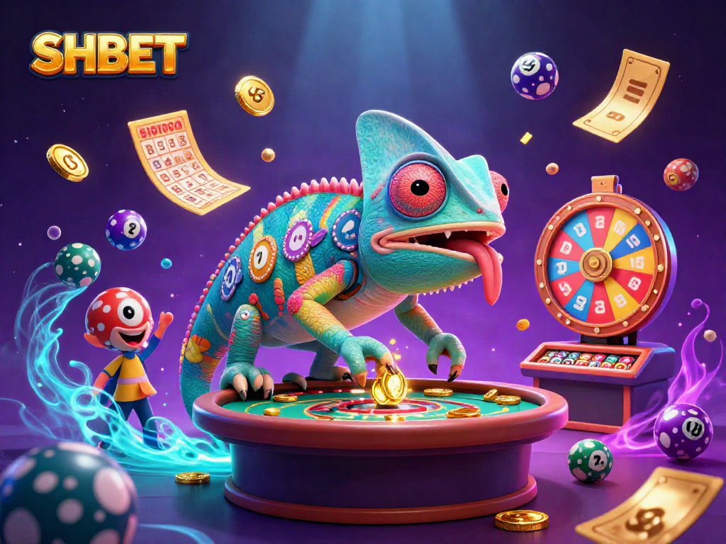 SHBET casino illustration featuring a colorful chameleon owner surrounded by dynamic gambling elements.