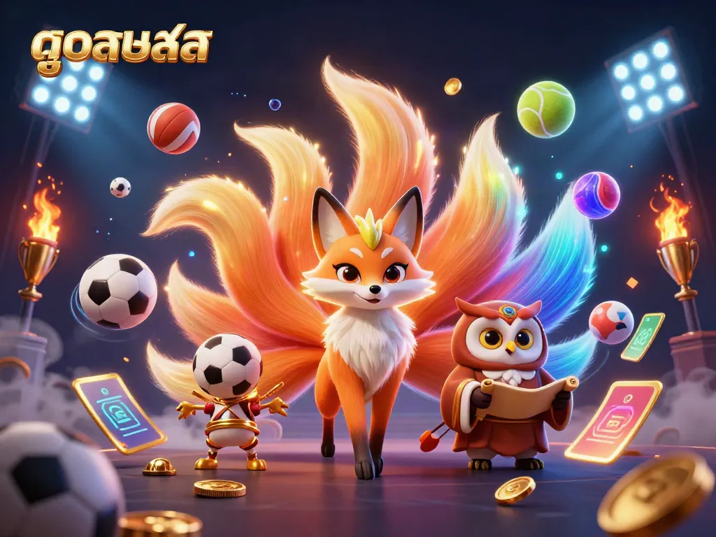 Engage with the thrilling action of ดูบอลสด as colorful sports orbs and a magical fox spirit come to life in a vibrant scene.