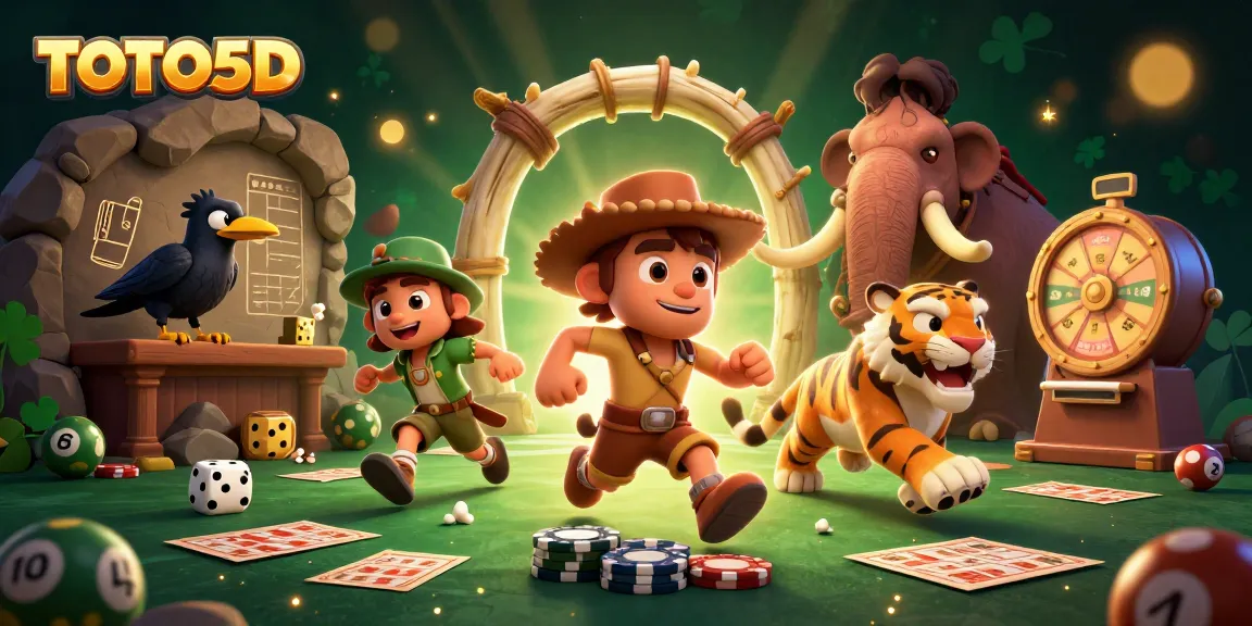 Enhance your play with TOTO5D in a vibrant lottery casino scene filled with numbered balls and bingo cards.