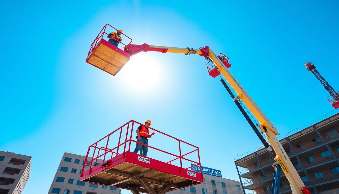 Workers using a cherry picker to reach high construction areas safely.
