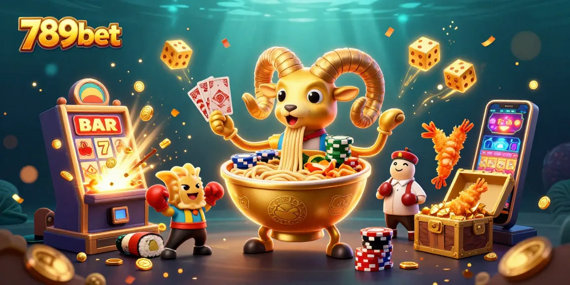Experience vibrant gaming with 789bet as the golden ramen bowl deals cards and stacks chips in an exciting casino scene.
