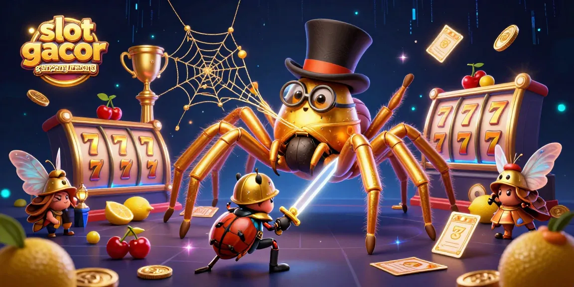 Experience the excitement of slot gacor gampang menang with a dynamic illustration featuring golden tarantulas and beetle knights in a lively casino setting.