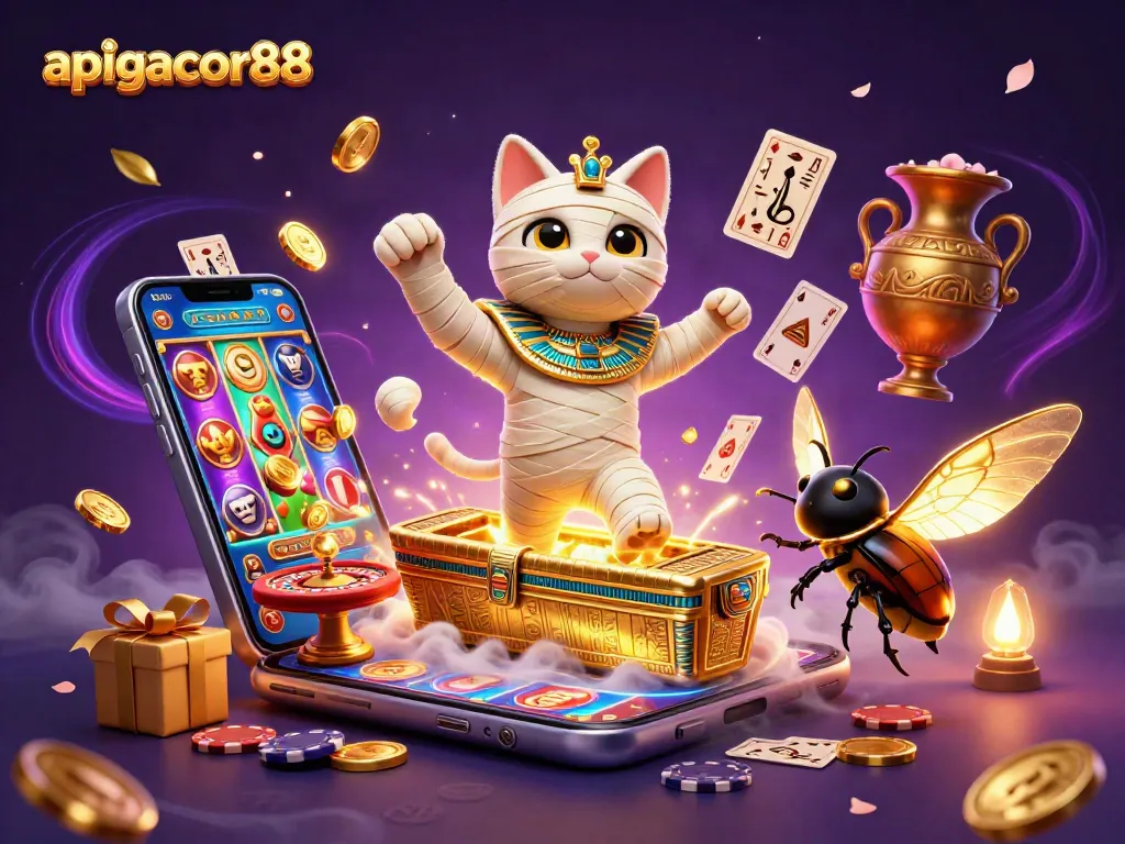 Spin adventure with apigacor88 as a cartoon mummy cat and scarab beetle start a casino quest.