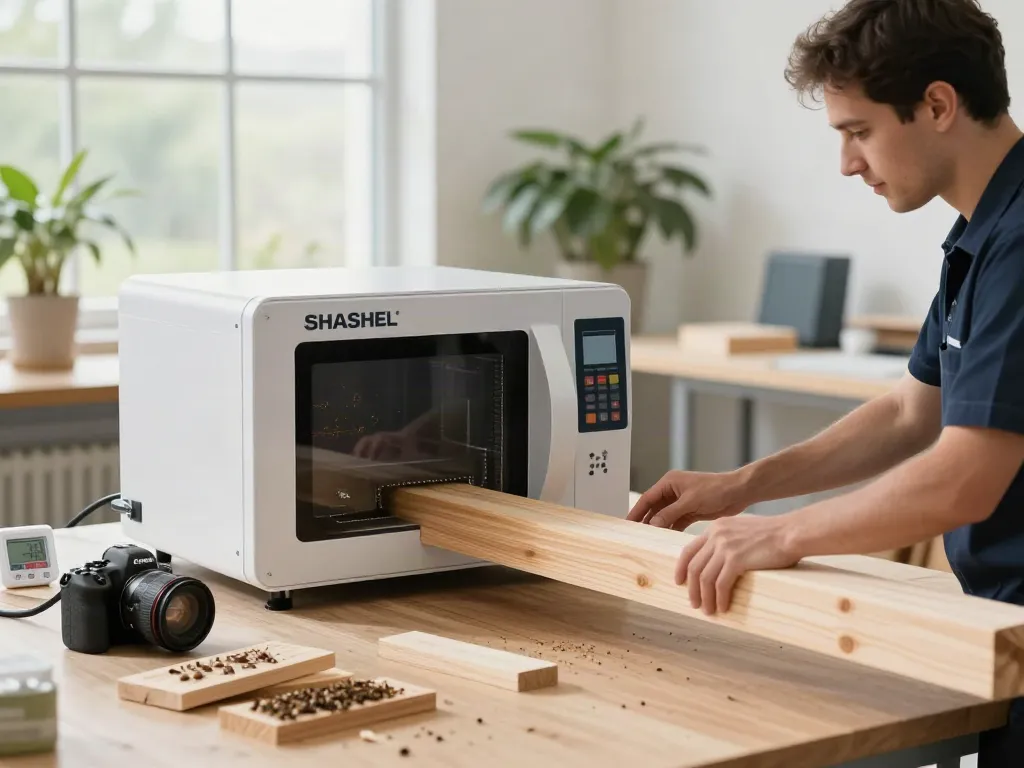 SHASHEL® microwave technology showcasing woodworm elimination in a modern workshop