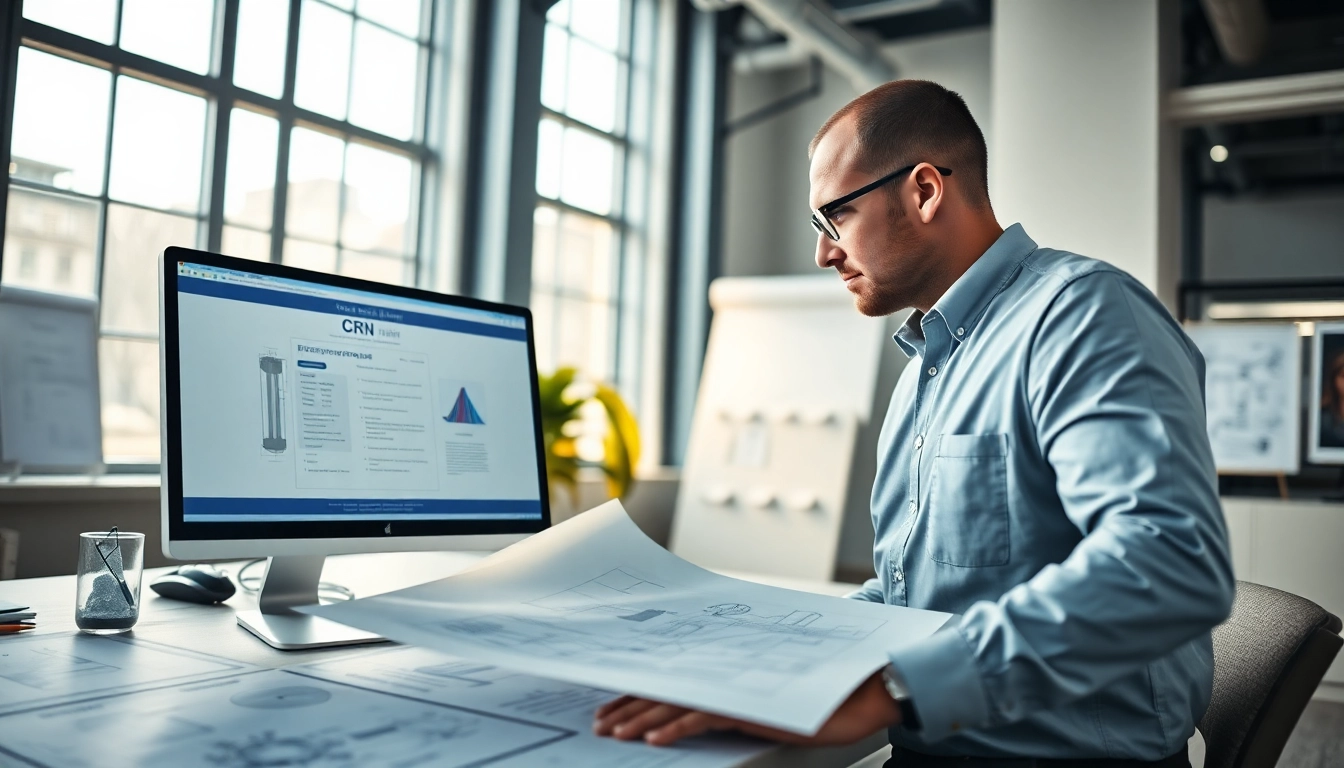 Engineer conducting CRN Registration analysis with blueprints in a modern office.