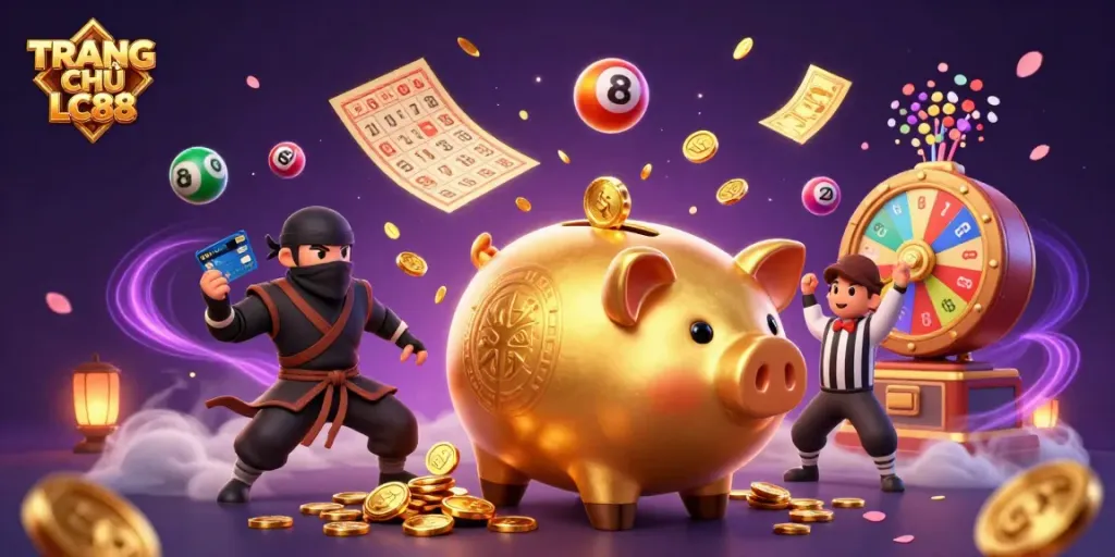 Experience excitement at TRANG CHỦ LC88 with vibrant lottery balls flying and golden coins raining.