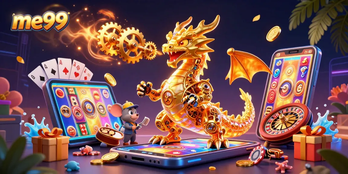 Experience thrilling gameplay with me99's golden dragon amidst casino action and rich rewards.