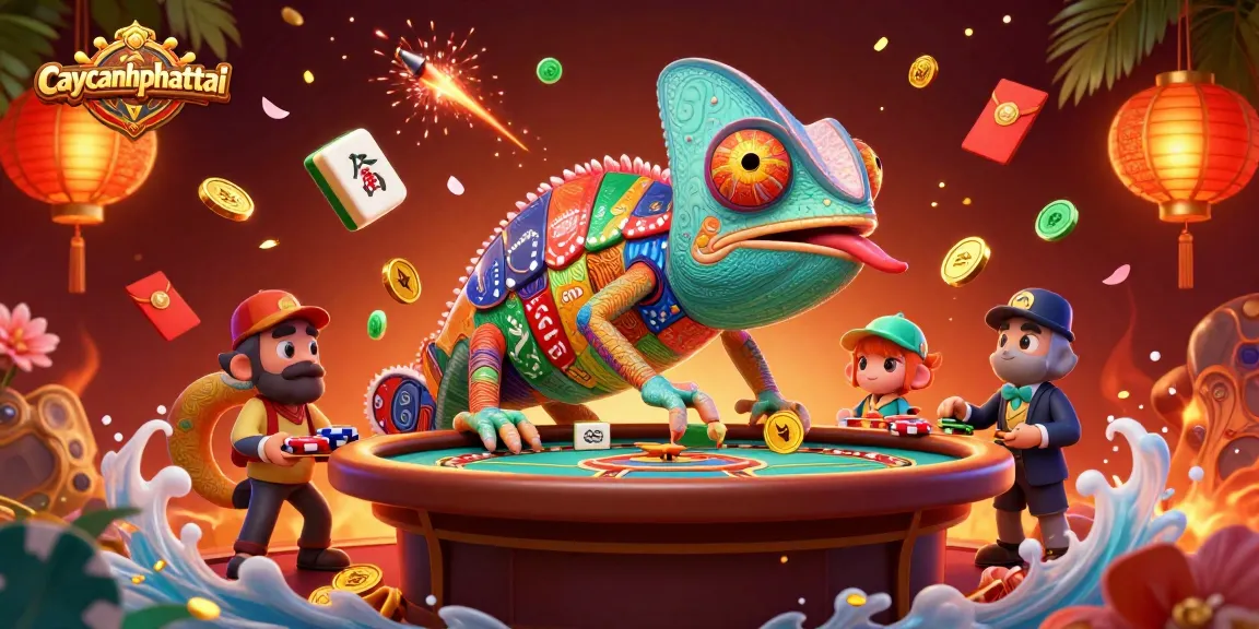 Experience the thrill of caycanhphattai as a colorful chameleon grabs golden coins amid the casino's excitement.