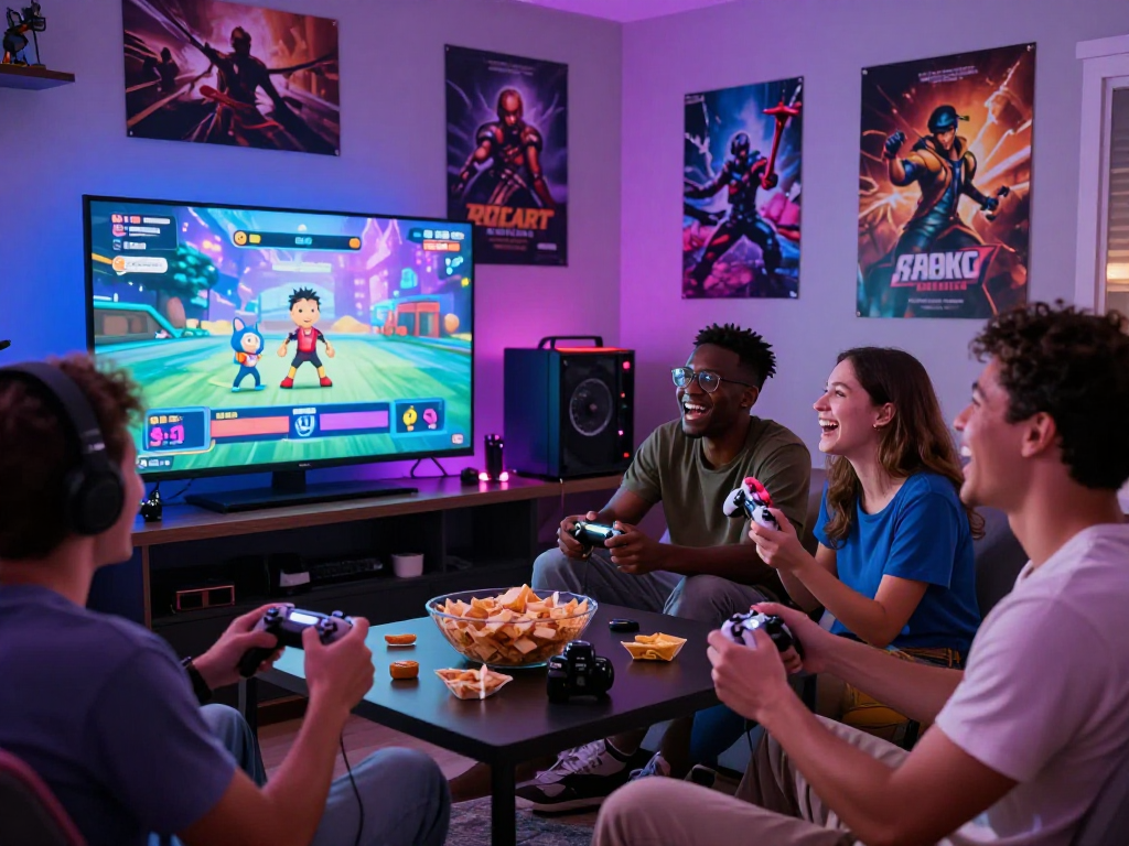 Friends playing an exciting porn game in a cozy gaming room, showcasing modern gaming culture.