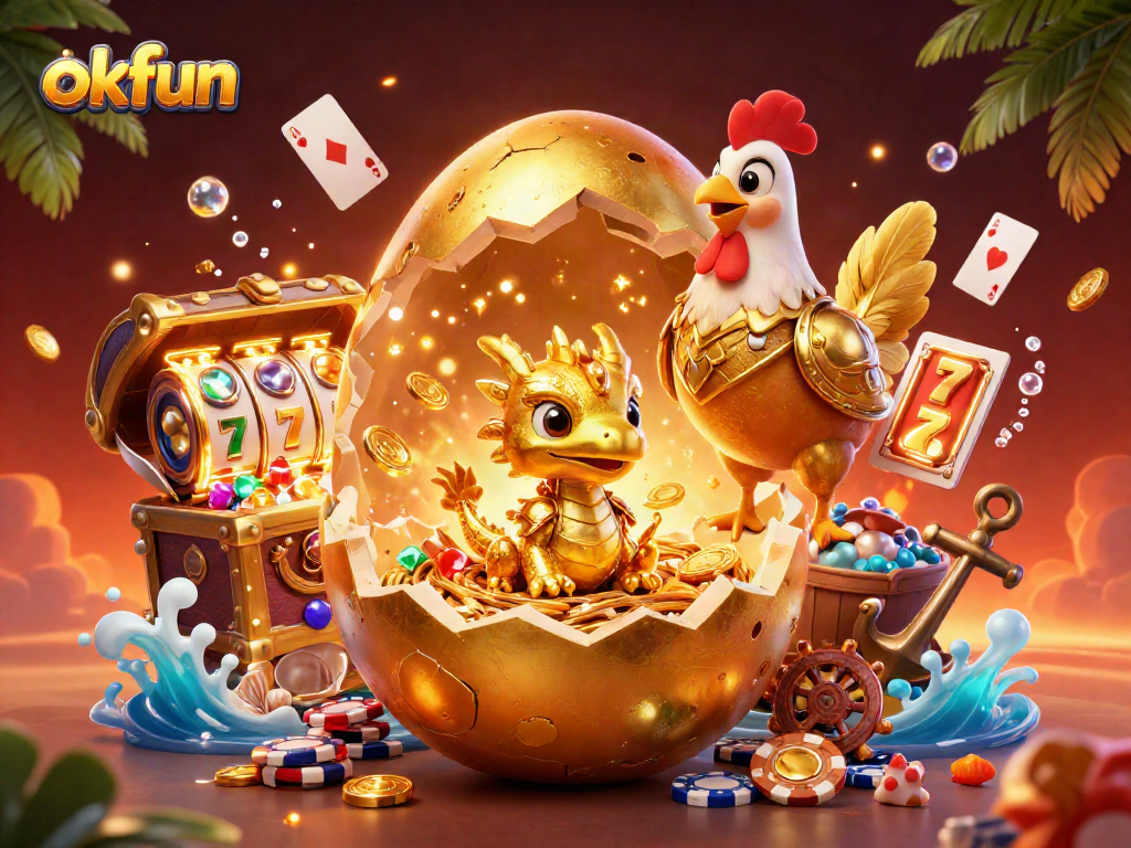 Experience the excitement of okfun with a golden dragon perched on poker chips amidst stunning casino elements.