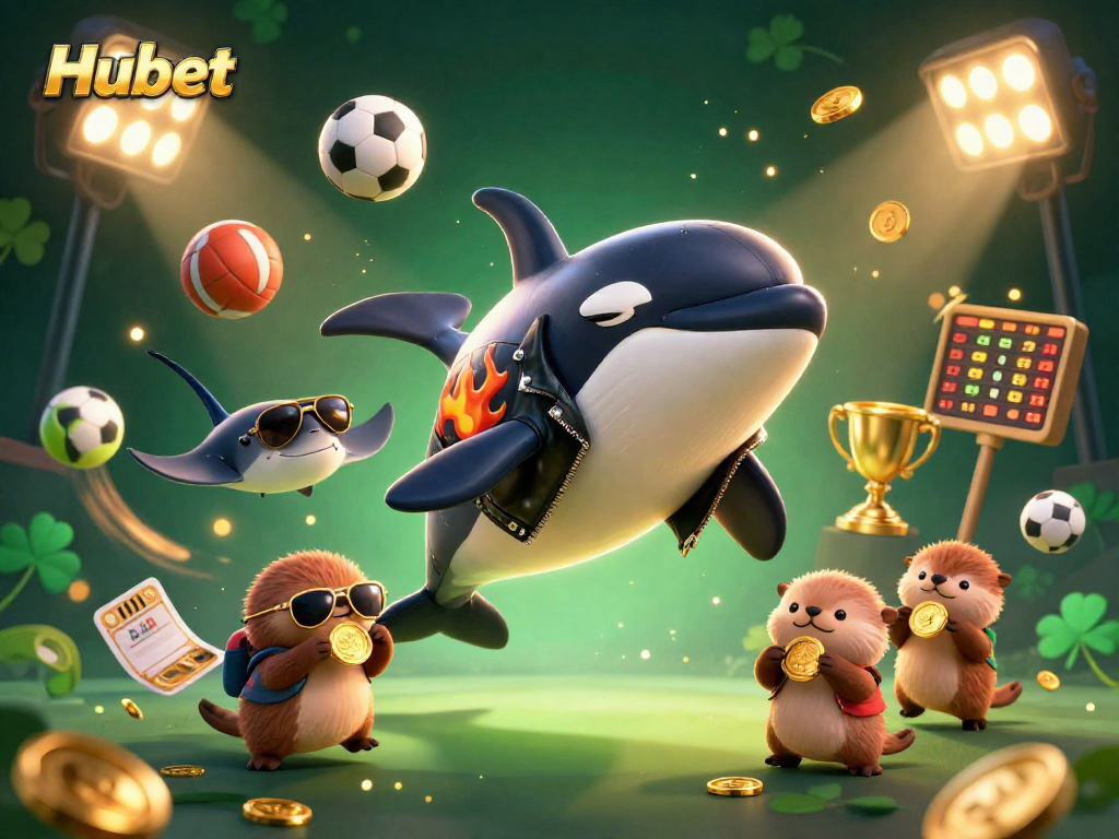 Hubet offers exciting gaming experiences, featuring playful characters enjoying a vibrant casino atmosphere.