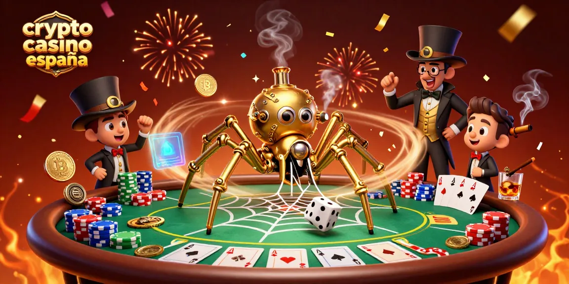 Pruebe juegos innovadores en crypto casino España con una escena animada de una araña y cartas.