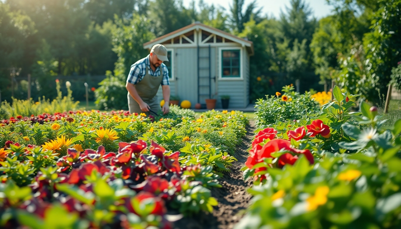 Gardening with vibrant vegetable plants and flowers in a peaceful outdoor setting.