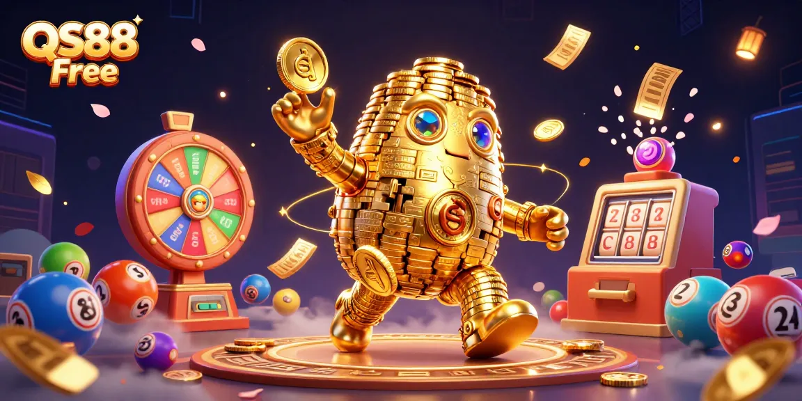 Experience the excitement of QS88 Free with dynamic lottery elements and a golden golem in a thrilling 3D casino scene.