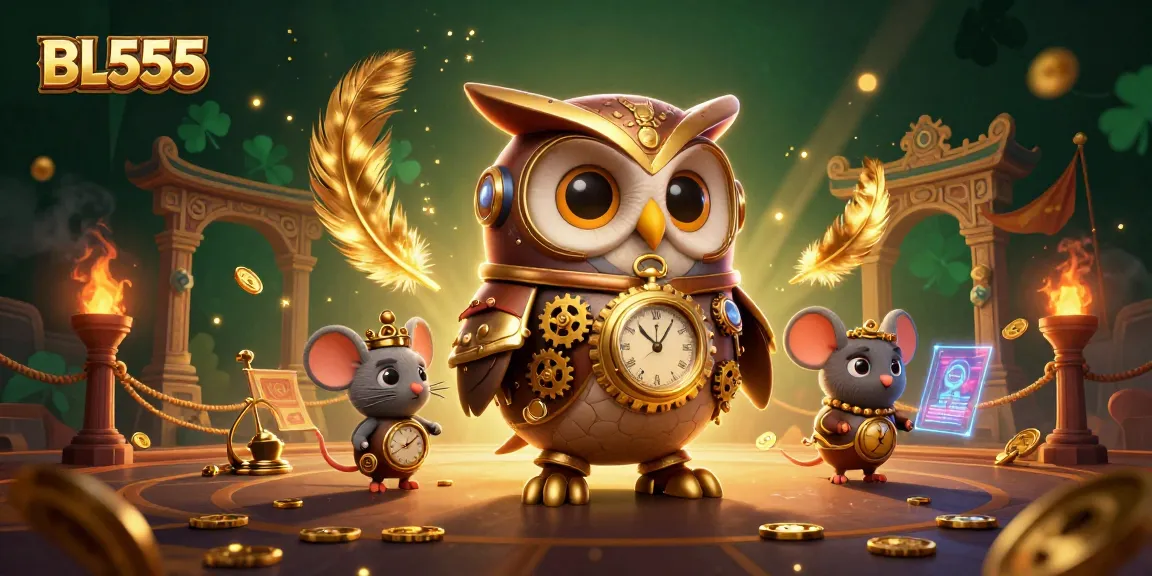 Engage in thrilling adventures with BL555, featuring a steampunk owl and vibrant casino elements.