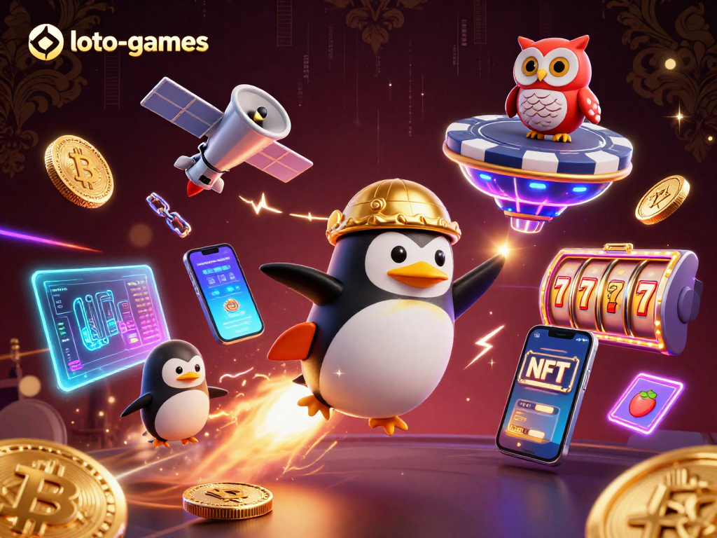 Engage with loto-games’ vibrant universe featuring a golden penguin, casino-themed elements, and cryptocurrency motifs.