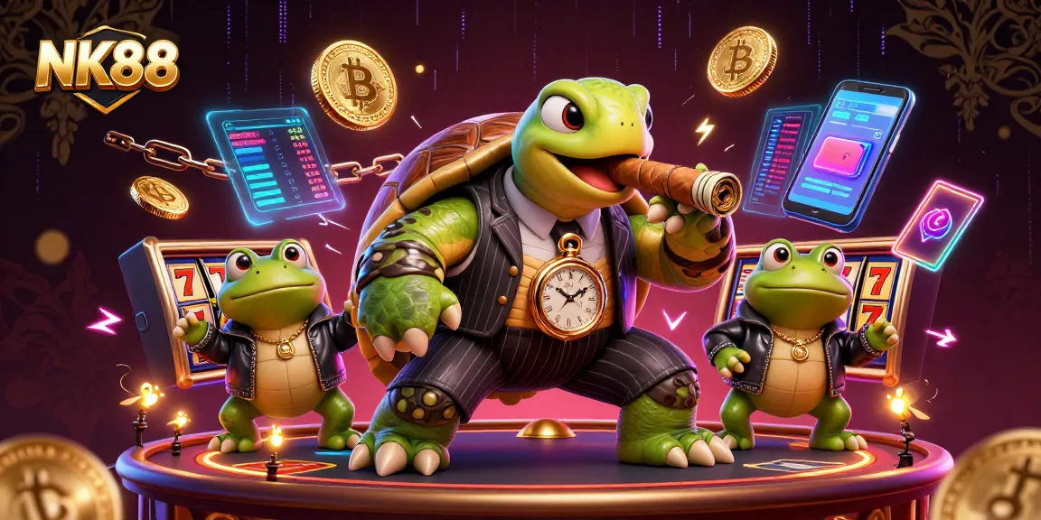 Experience exciting gameplay with NK88 in this vibrant casino-themed 3D illustration showcasing unique characters and crypto elements.