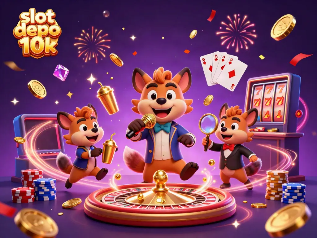 Engage in thrilling gameplay at slot depo 10k with colorful hyenas in a vibrant casino scene.