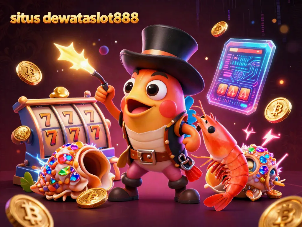 Tarik perhatian di situs dewataslot888 dengan ilustrasi anglerfish 3D yang memikat dan simbol slot keberuntungan.