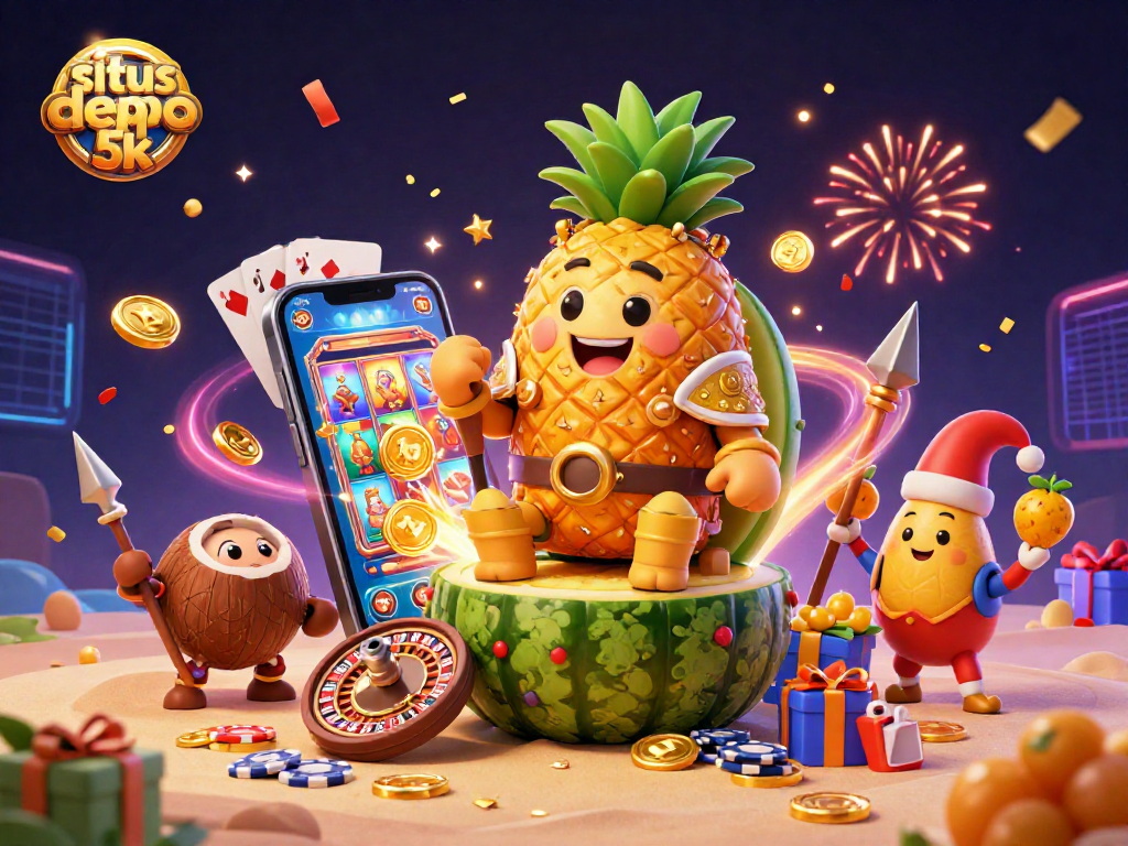 Situs depo 5k illustration showcasing the golden pineapple king in a vibrant casino scene with celebrated gambling elements.