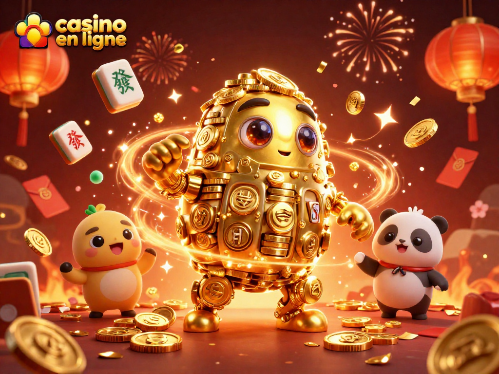 Plongez dans l'excitation d'un casino en ligne avec un golem doré et des éléments festifs de jeu.
