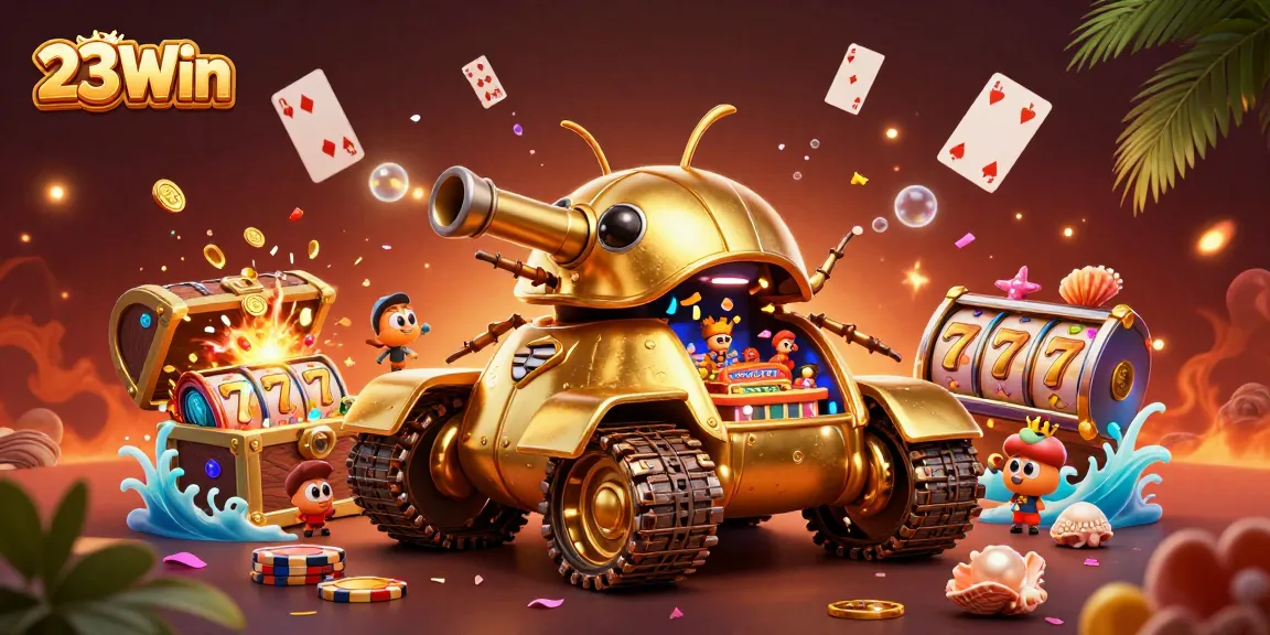 Engage in exciting gameplay at 23Win with a dynamic scene showcasing a golden beetle tank casino bursting with fun.