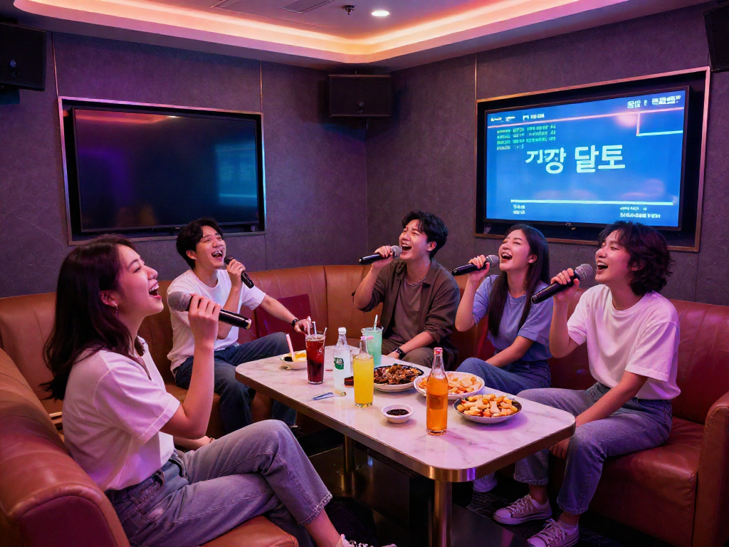 강남 달토에서 친구들과 즐거운 노래를 부르는 모습, 색다른 분위기를 자아내는 가라오케 룸