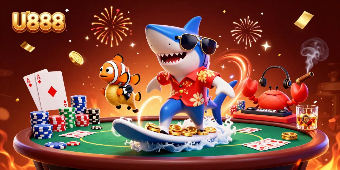 Experience the thrill of U888 with a dynamic casino scene featuring vibrant characters and game elements.