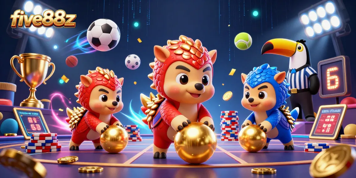 five88z pangolins bowling through poker chips amidst dynamic sports elements and confetti.