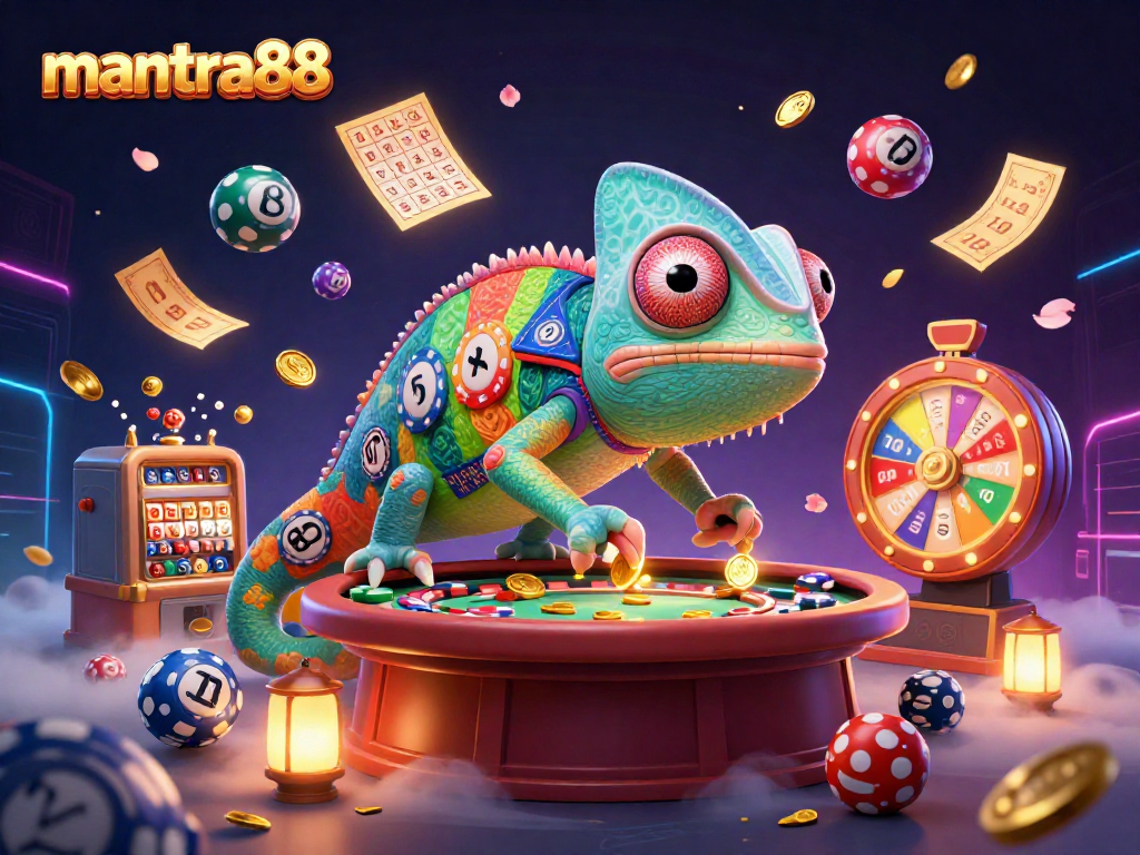 Experience winning at mantra88 with a vibrant 3D illustration of a chameleon casino owner capturing golden coins amidst a lively casino backdrop.
