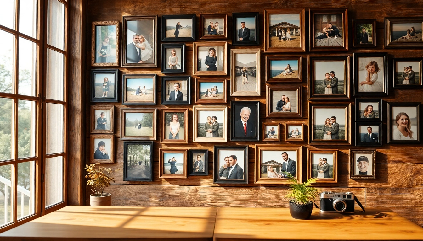 Create a captivating photo wall showcasing treasured memories, framed beautifully in warm lighting.