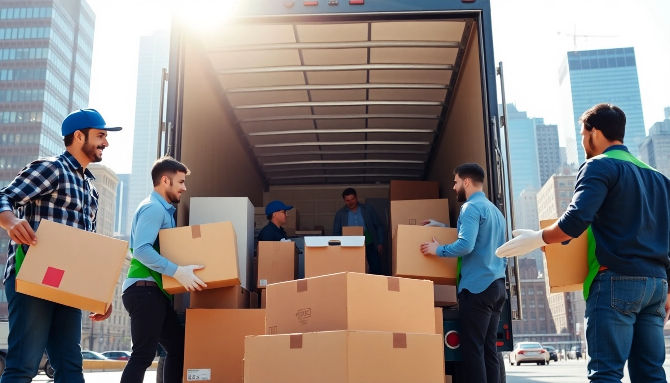Efficient team handling Office Moving Services NYC with packing and loading in a vibrant NYC scene.