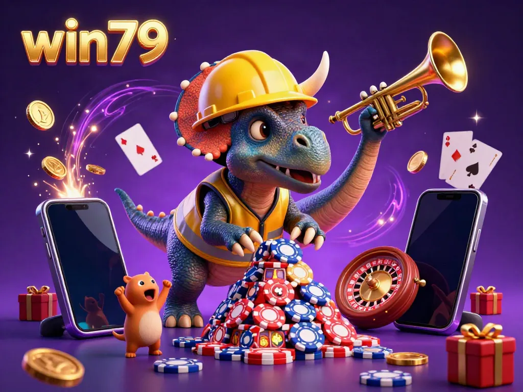 Celebrate big wins with win79 in this vibrant 3D casino scene illustrating fun games and joyful characters.