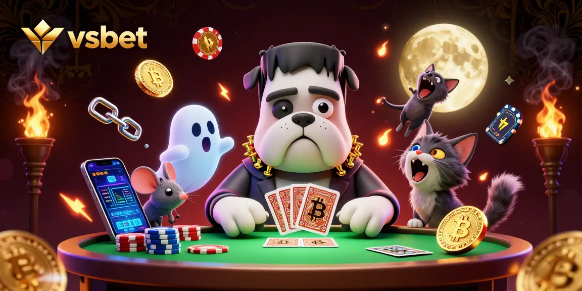 vsbet showcases a lively scene with a Frankenstein bulldog dealing cards, enhancing online gaming excitement.