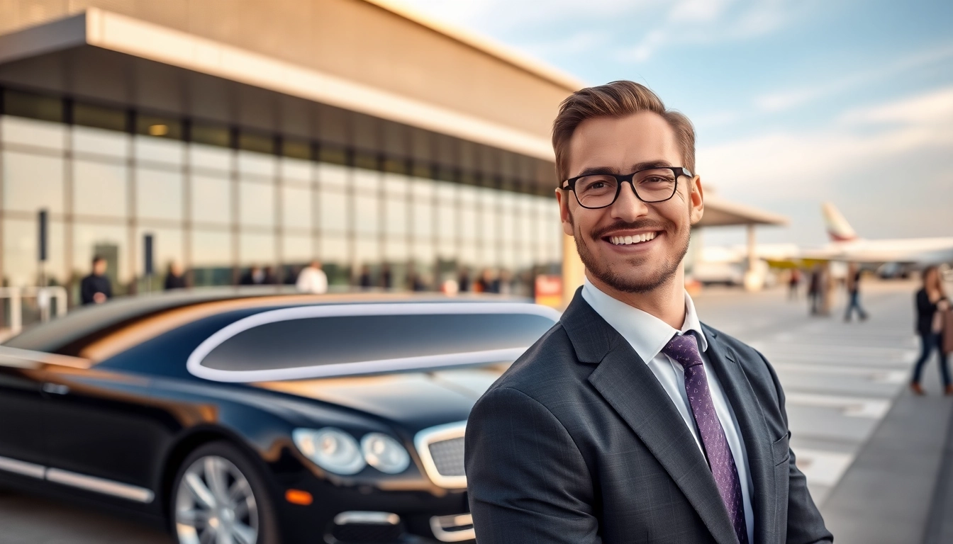 Experience top-notch airport limo service with a professional chauffeur at a busy airport terminal.