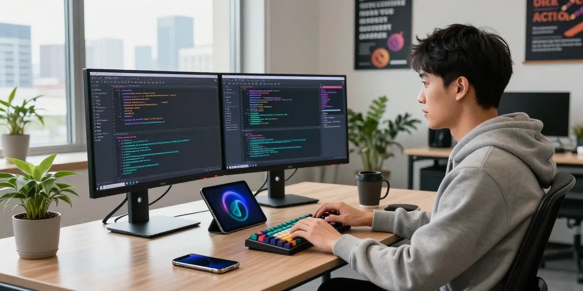 Software developer at a modern tech workspace coding on dual monitors, showcasing the bdtjl brand's innovative spirit and productivity.